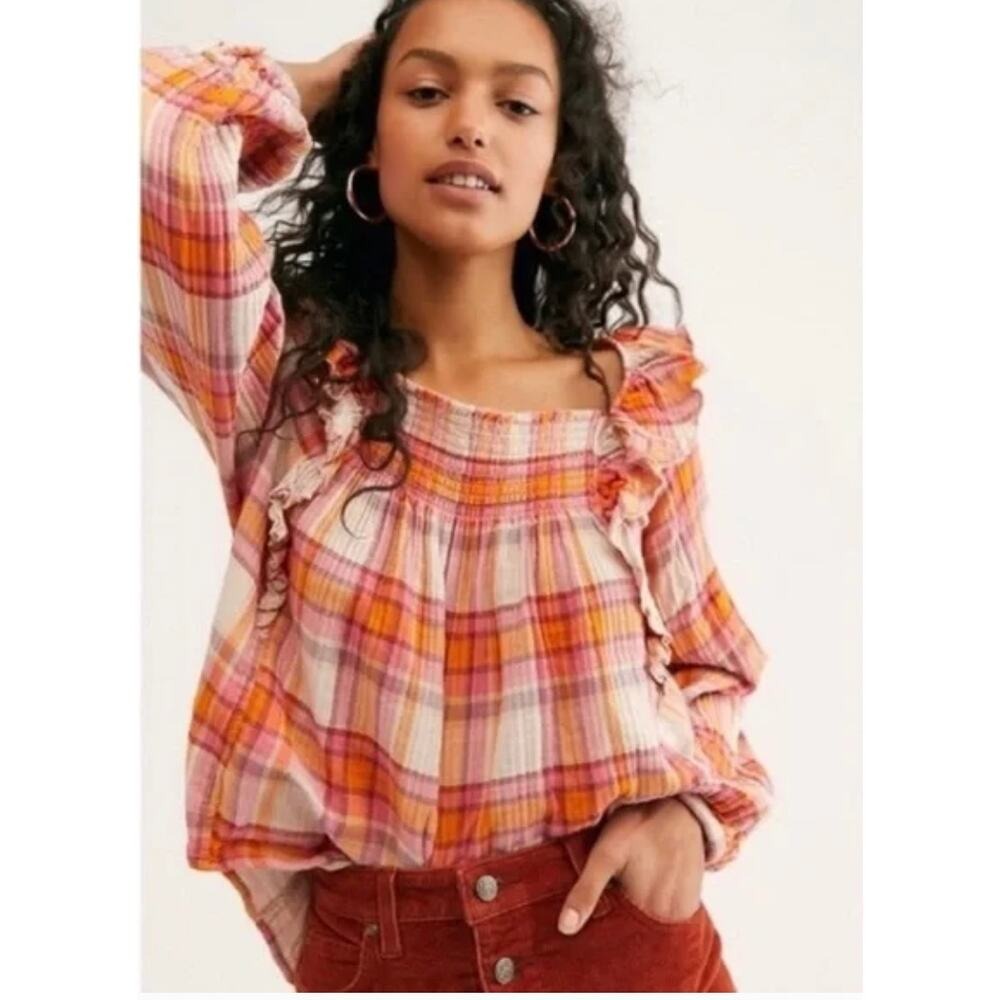 NWT Free People Women Sienna Plaid Ruffle Square Neck Blouse S - Picture 4 of 11
